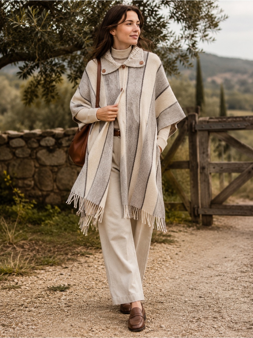 Wool Striped Poncho Cape Cream Gray One Sz